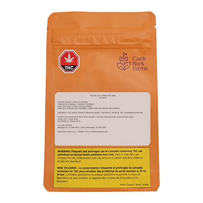 Rear view of the orange Castle Rock Farms Pick Me Up Live Resin Disposable Vape pouch with warning labels and a THC symbol.