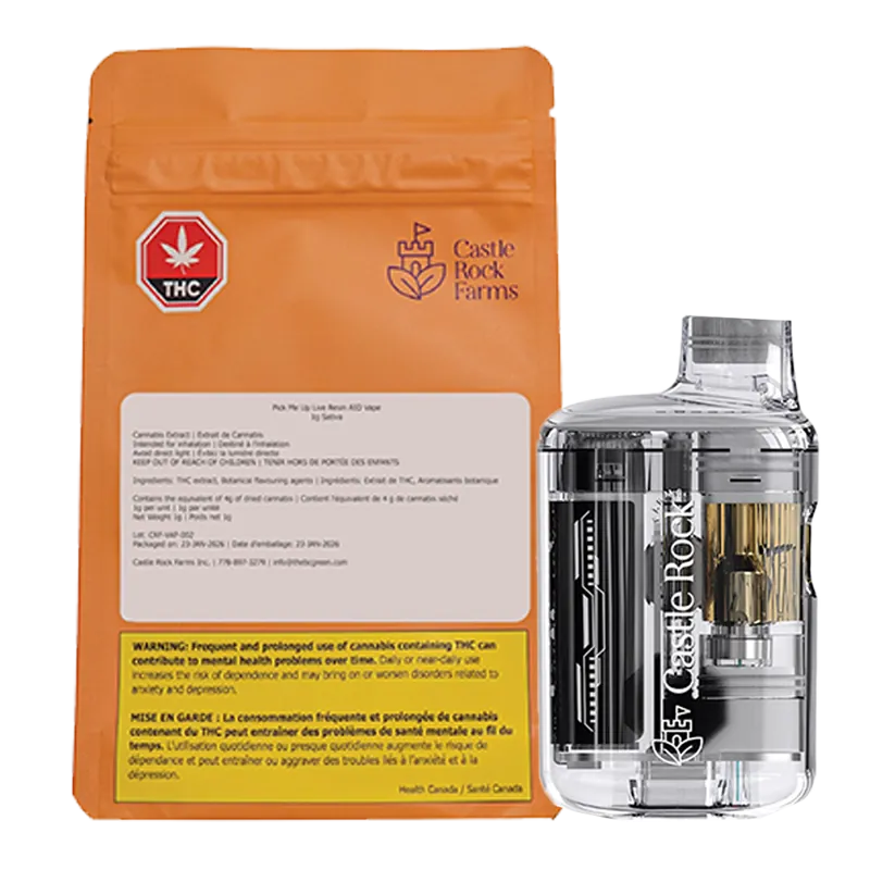 Front-facing image of a transparent cartridge beside an upright orange pouch labeled Castle Rock Farms Pick Me Up Live Resin Disposable Vape.
