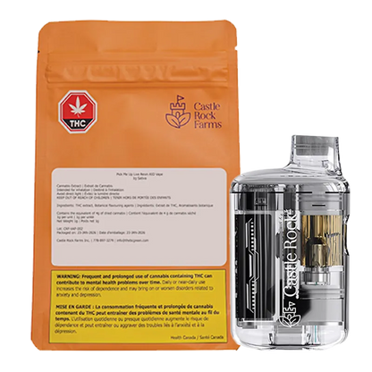 Front-facing image of a transparent cartridge beside an upright orange pouch labeled Castle Rock Farms Pick Me Up Live Resin Disposable Vape.