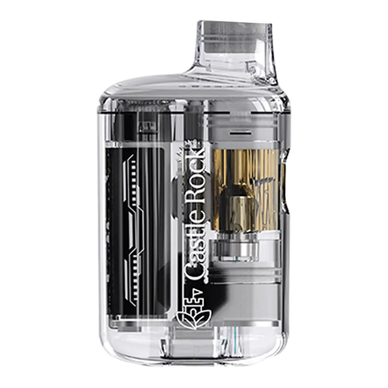 Close-up side view of the transparent Pick Me Up Live Resin Disposable Vape showing internal cartridge and black battery details with the Castle Rock logo visible.