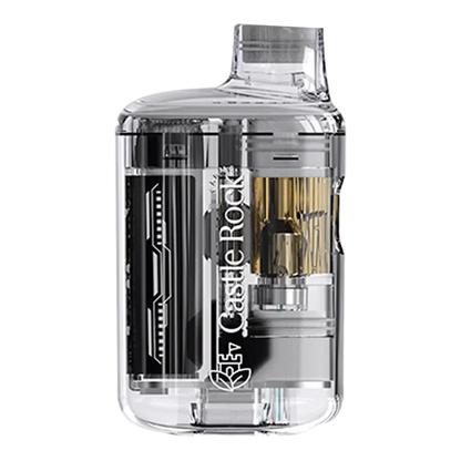 Close-up side view of the transparent Pick Me Up Live Resin Disposable Vape showing internal cartridge and black battery details with the Castle Rock logo visible.