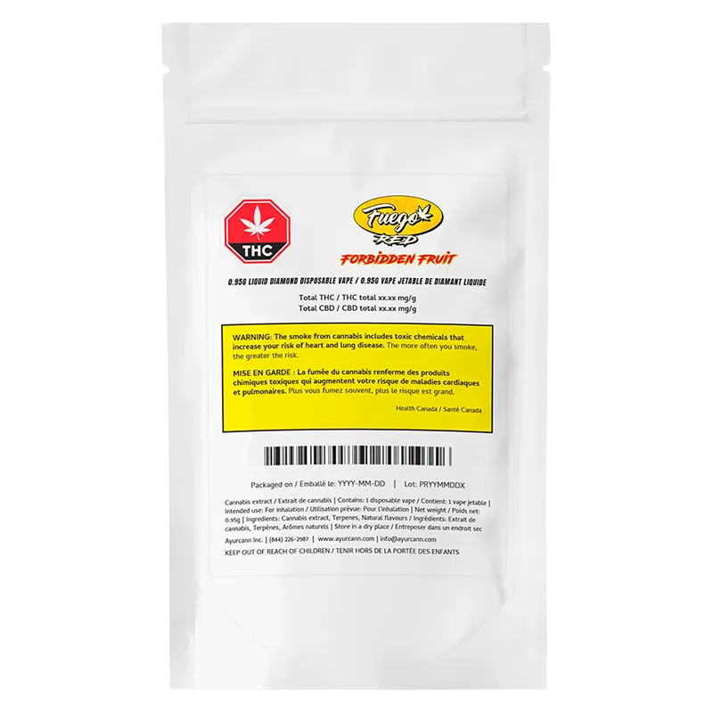 White resealable pouch photographed front-facing on white background showing the label for Forbidden Fruit Liquid Diamond Disposable Vape with THC symbol and yellow warning box.