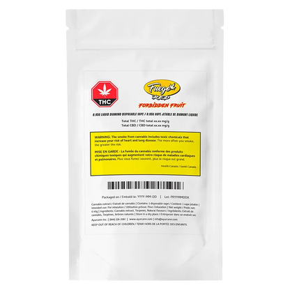 White resealable pouch photographed front-facing on white background showing the label for Forbidden Fruit Liquid Diamond Disposable Vape with THC symbol and yellow warning box.