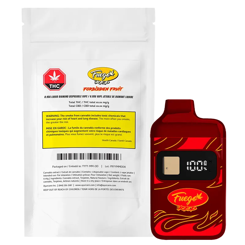 Front view of the red and gold Forbidden Fruit Liquid Diamond Disposable Vape beside its white resealable pouch, shown on a white background.