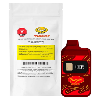 Front view of the red and gold Forbidden Fruit Liquid Diamond Disposable Vape beside its white resealable pouch, shown on a white background.