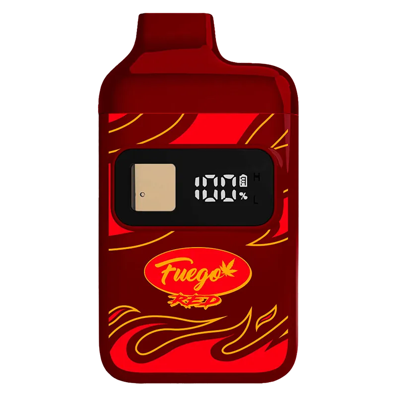 Front-facing shot of the red Forbidden Fruit Liquid Diamond Disposable Vape showing a rectangular black OLED readout and flame graphics on its glossy body.
