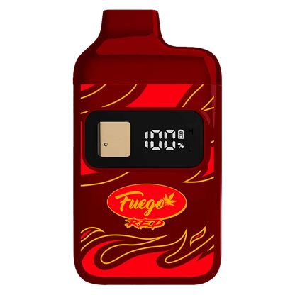 Front-facing shot of the red Forbidden Fruit Liquid Diamond Disposable Vape showing a rectangular black OLED readout and flame graphics on its glossy body.