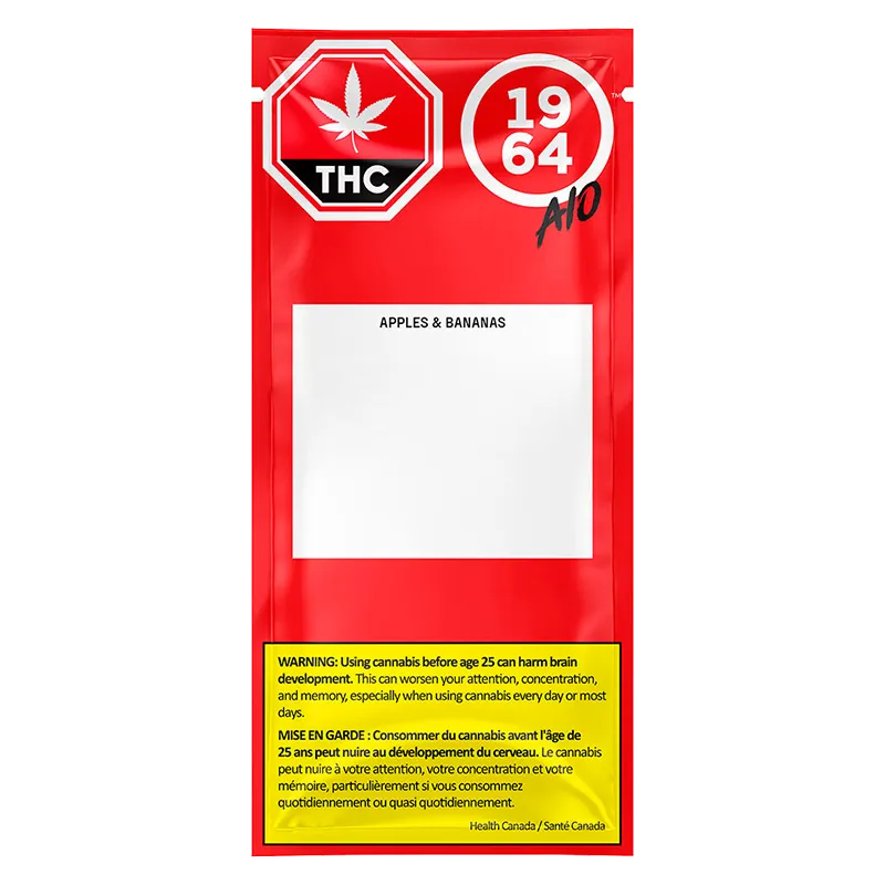 Front-facing image of the red Apples & Bananas FSE Resin Disposable Vape pouch with bold THC and "1964" icons and a blank white label.