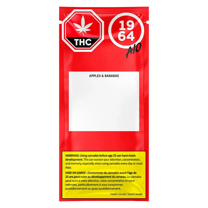 Front-facing image of the red Apples & Bananas FSE Resin Disposable Vape pouch with bold THC and "1964" icons and a blank white label.