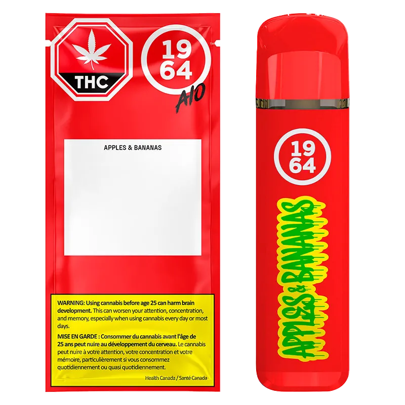 Front view of the red Apples & Bananas FSE Resin Disposable Vape showing the 1964 logo and bold yellow-green "APPLES & BANANAS" text beside its matching red foil pouch.