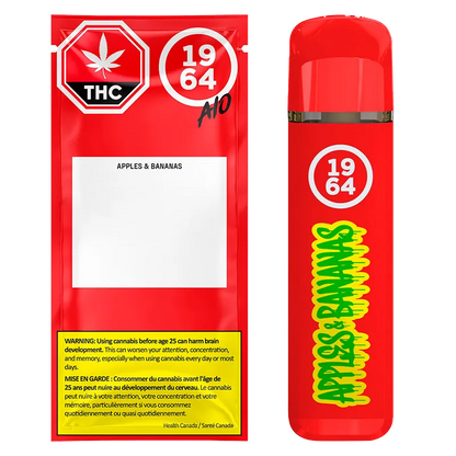 Front view of the red Apples & Bananas FSE Resin Disposable Vape showing the 1964 logo and bold yellow-green "APPLES & BANANAS" text beside its matching red foil pouch.