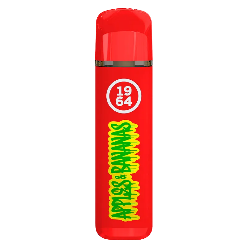 Straight-on view of a bright red Apples & Bananas FSE Resin Disposable Vape with bold yellow-green graffiti text and a white "1964" circle near the top
