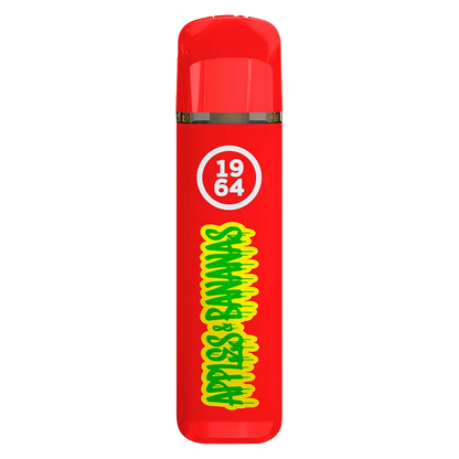 Straight-on view of a bright red Apples & Bananas FSE Resin Disposable Vape with bold yellow-green graffiti text and a white "1964" circle near the top
