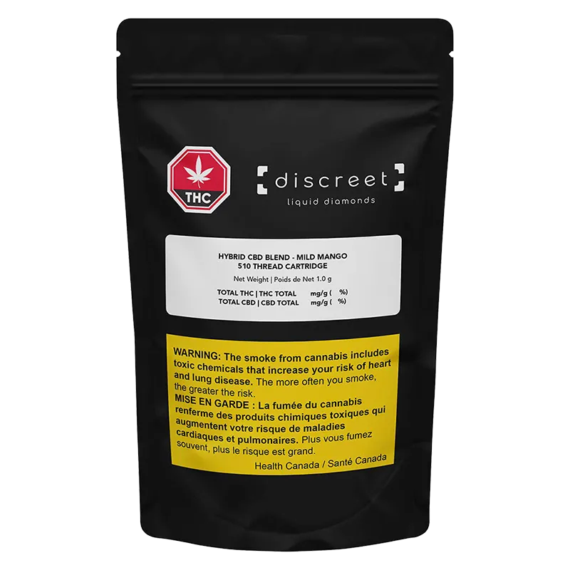 Front-facing shot of the black pouch packaging for CBD Blend Vape Cartridge by discreet, showing logo, white product label and a yellow health warning panel.