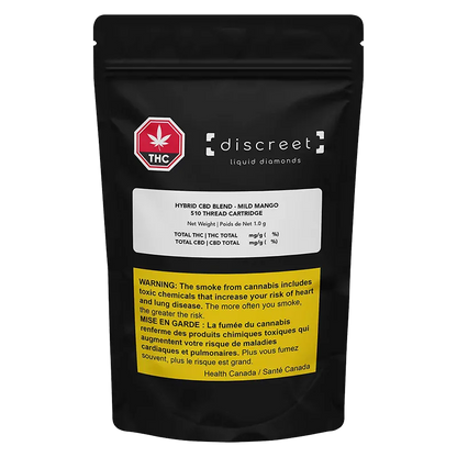 Front-facing shot of the black pouch packaging for CBD Blend Vape Cartridge by discreet, showing logo, white product label and a yellow health warning panel.