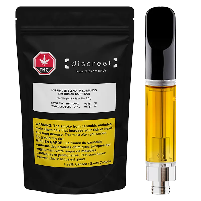 Front-facing image of the CBD Blend Vape Cartridge brand "CBD Blend Vape Cartridge" 1 g cartridge filled with amber oil beside its black resealable pouch.