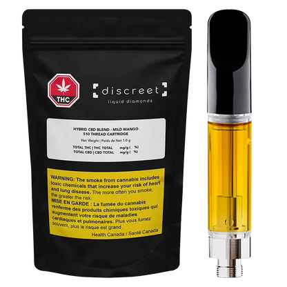 Front-facing image of the CBD Blend Vape Cartridge brand "CBD Blend Vape Cartridge" 1 g cartridge filled with amber oil beside its black resealable pouch.