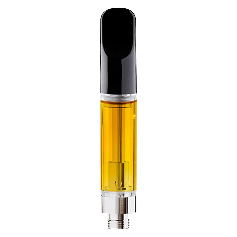 Straight-on view of a filled CBD Blend Vape Cartridge with a glossy black mouthpiece and golden oil visible in the clear tank.