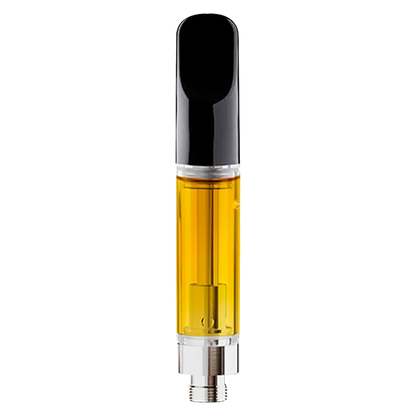 Straight-on view of a filled CBD Blend Vape Cartridge with a glossy black mouthpiece and golden oil visible in the clear tank.