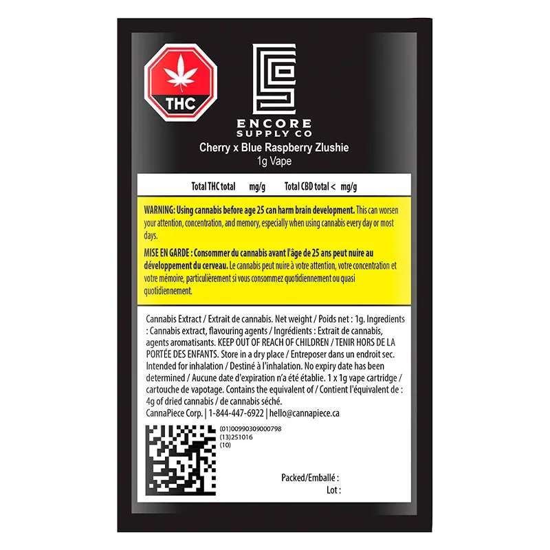 Front-facing label shot of Encore Supply Co Cherry x Blue Raspberry Zlushie Vape Cartridge packaging with a prominent red THC symbol and yellow warning block.