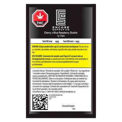Front-facing label shot of Encore Supply Co Cherry x Blue Raspberry Zlushie Vape Cartridge packaging with a prominent red THC symbol and yellow warning block.