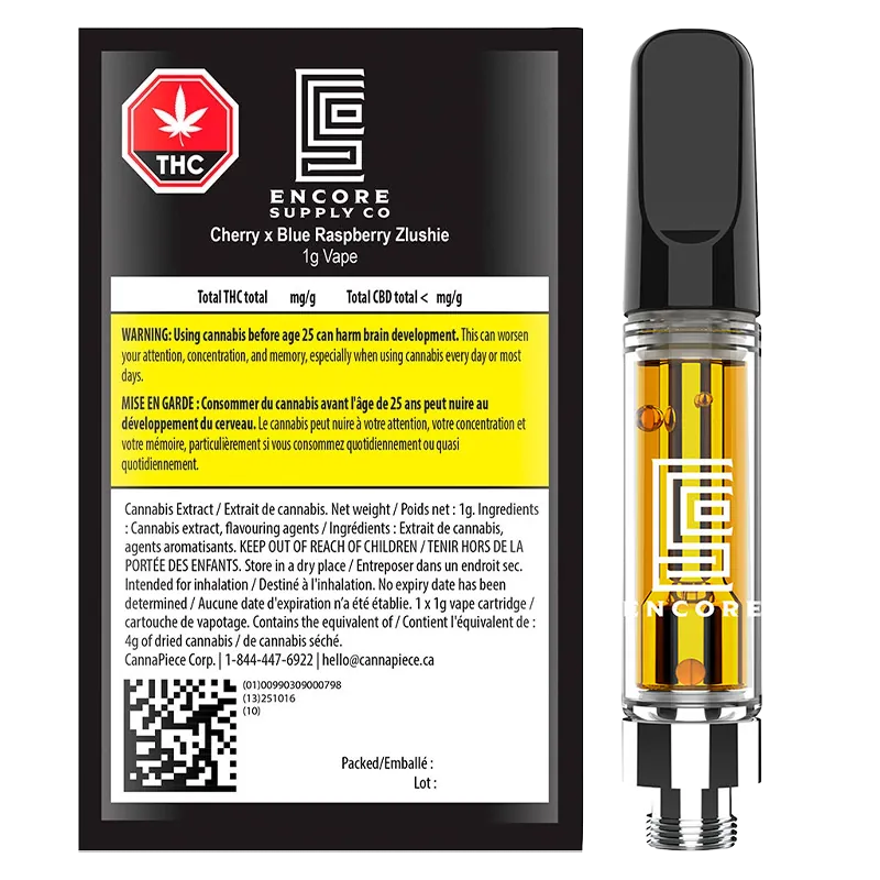 Right-side profile of the Cherry x Blue Raspberry Zlushie Vape Cartridge showing amber oil in a clear cartridge with Encore Supply Co. logo.