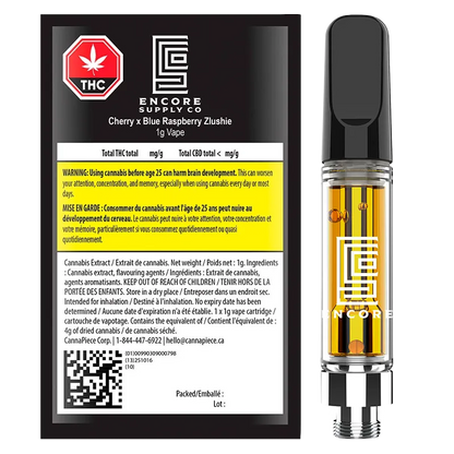 Right-side profile of the Cherry x Blue Raspberry Zlushie Vape Cartridge showing amber oil in a clear cartridge with Encore Supply Co. logo.