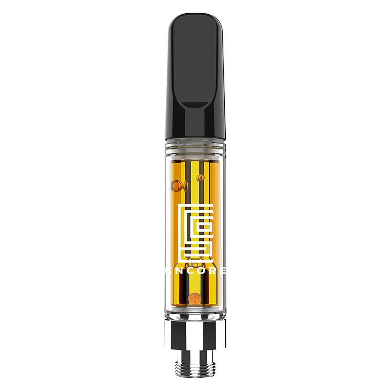 Centered front view of the Cherry x Blue Raspberry Zlushie Vape Cartridge showing golden oil, a clear glass chamber with the white Encore logo, and a black mouthpiece.