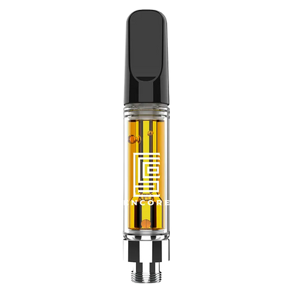 Centered front view of the Cherry x Blue Raspberry Zlushie Vape Cartridge showing golden oil, a clear glass chamber with the white Encore logo, and a black mouthpiece.