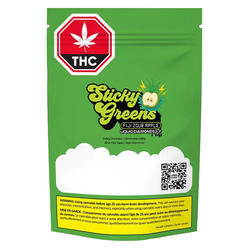 Front-facing shot of the green pouch packaging for Fiji Zour Apple Dripbar Disposable Vape with bold "Sticky Greens" logo and THC symbol.