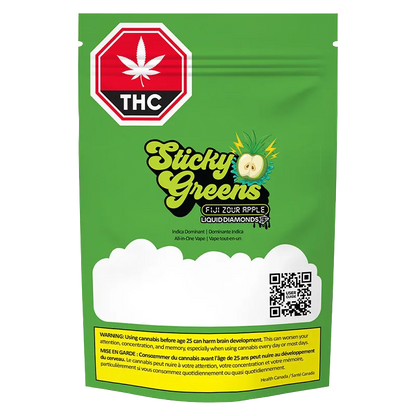 Front-facing shot of the green pouch packaging for Fiji Zour Apple Dripbar Disposable Vape with bold "Sticky Greens" logo and THC symbol.
