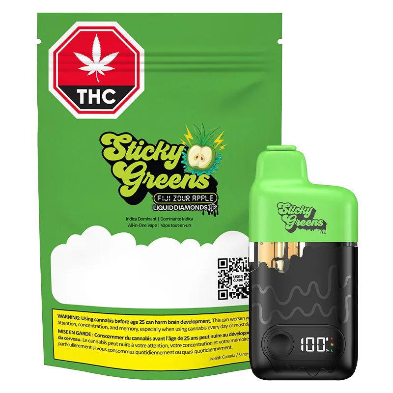 Front three-quarter view of a bright green Fiji Zour Apple Dripbar Disposable Vape beside matching green Sticky Greens packaging, both shown on a white background.