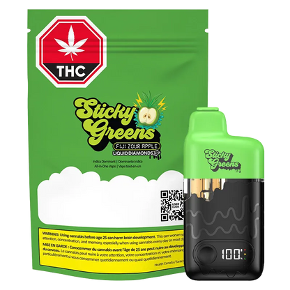 Front three-quarter view of a bright green Fiji Zour Apple Dripbar Disposable Vape beside matching green Sticky Greens packaging, both shown on a white background.