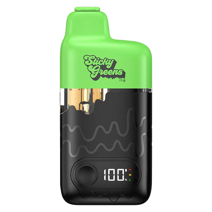 Centered front view of the Fiji Zour Apple Dripbar Disposable Vape showing a bright green top with "Sticky Greens" logo and a black body with a digital 100% display.