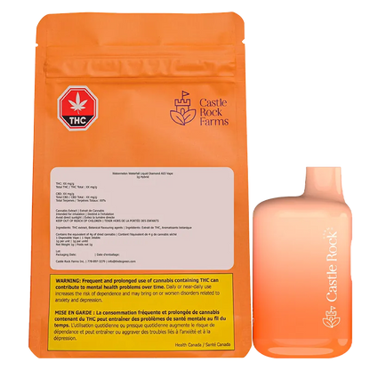 Rear view of the orange Castle Rock Farms Watermelon Waterfall Liquid Diamond Disposable Vape package and matching peach-colored vape device shown side by side.