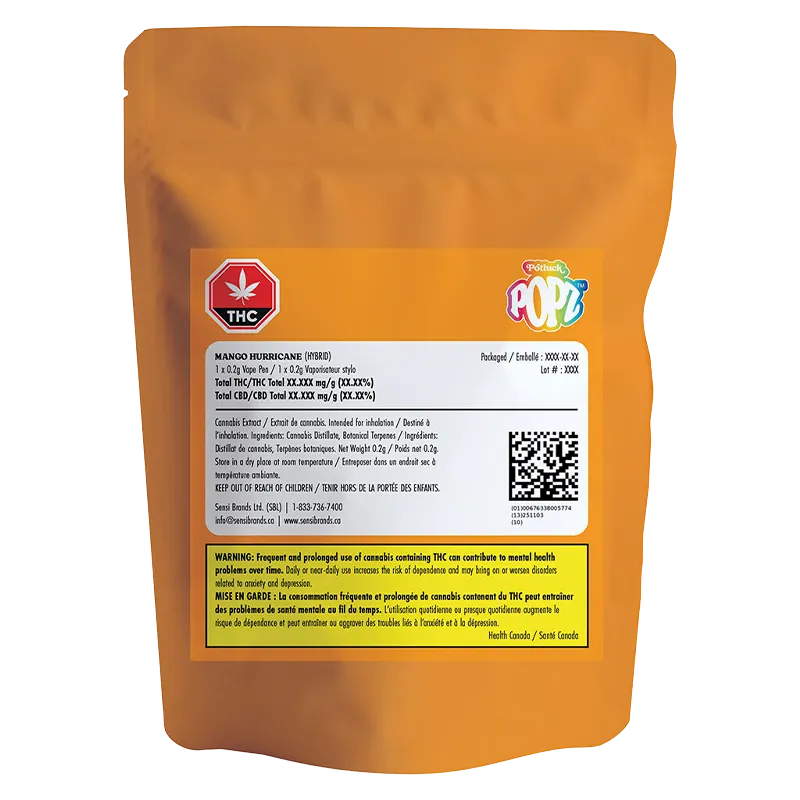Rear view of the orange pouch showing the Mango Hurricane Disposable Vape label, QR code and THC warning panel.