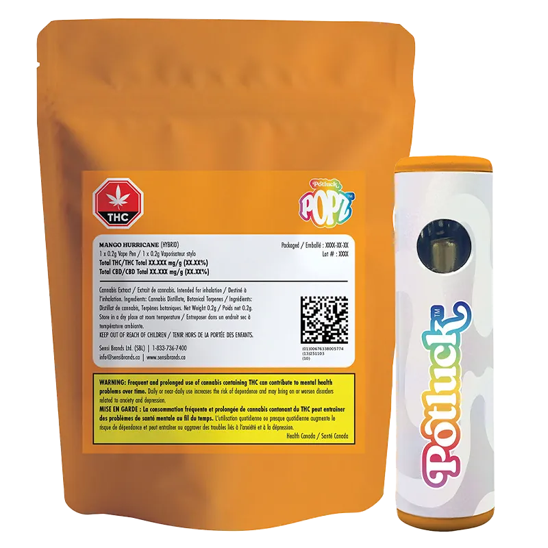 Front-facing shot of a Mango Hurricane Disposable Vape standing beside its orange resealable pouch, both shown against a white background.