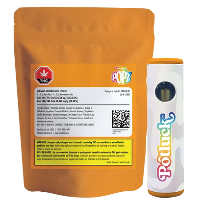 Front-facing shot of a Mango Hurricane Disposable Vape standing beside its orange resealable pouch, both shown against a white background.