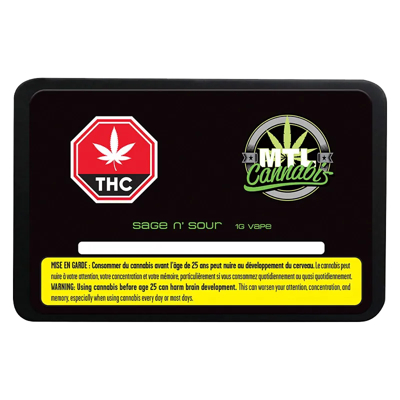 Top-down view of a black tin labeled "Sage n' Sour Vape Cartridge" with bright THC and MTL Cannabis logos and a yellow warning panel.