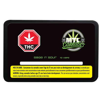 Top-down view of a black tin labeled "Sage n' Sour Vape Cartridge" with bright THC and MTL Cannabis logos and a yellow warning panel.
