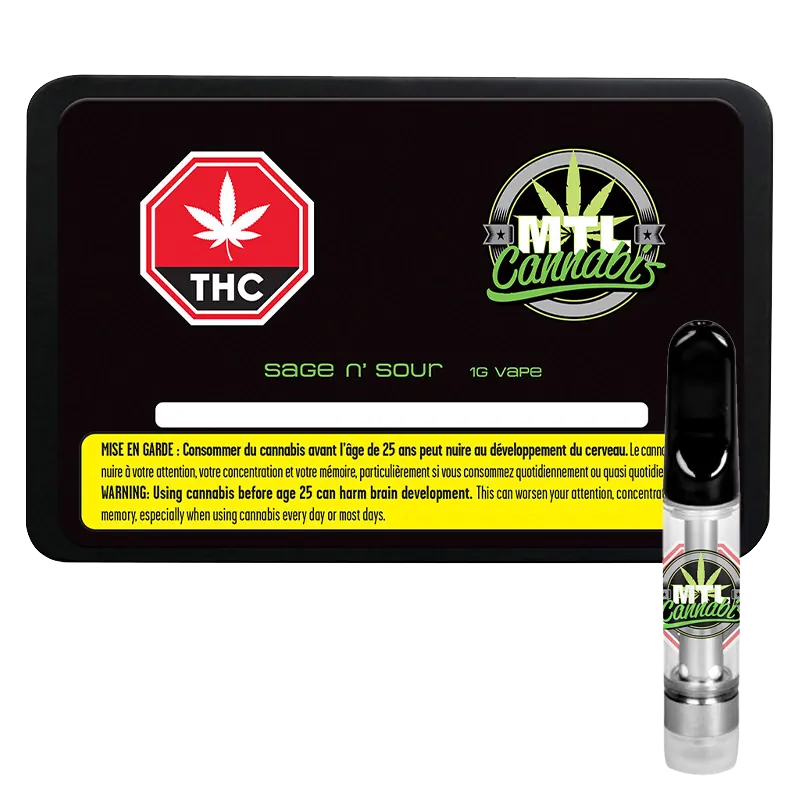 Rectangular black tin shown from the front with green "sage n' sour 1g vape" text and THC and MTL Cannabis logos, with the Sage n' Sour Vape Cartridge visible at lower right.