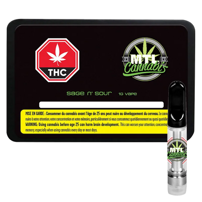 Rectangular black tin shown from the front with green "sage n' sour 1g vape" text and THC and MTL Cannabis logos, with the Sage n' Sour Vape Cartridge visible at lower right.