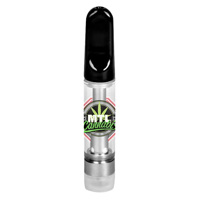 Straight-on studio shot of the Sage n' Sour Vape Cartridge showing its clear glass chamber, black mouthpiece, and circular green logo on a white background