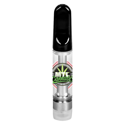 Straight-on studio shot of the Sage n' Sour Vape Cartridge showing its clear glass chamber, black mouthpiece, and circular green logo on a white background