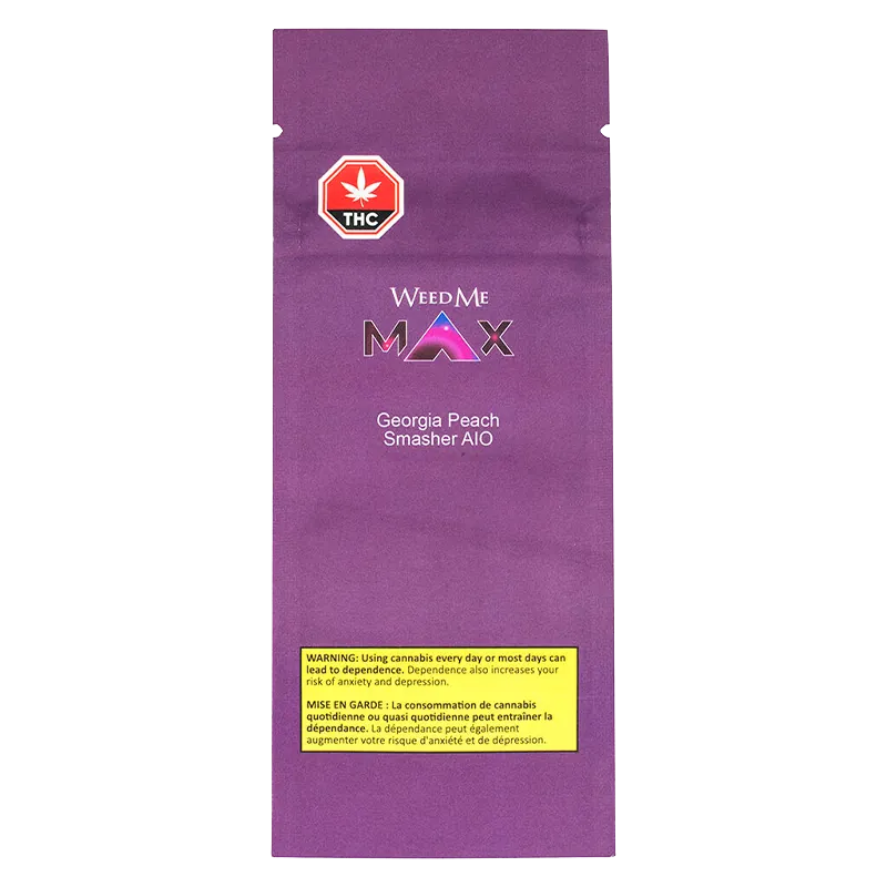 Straight-on view of the purple packet labeled "Georgia Peach Smasher Disposable Vape" showing a centered WeedMe MAX logo, THC symbol upper-left, and a yellow warning box near the bottom.