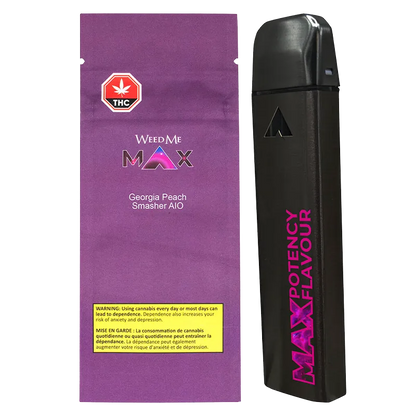 Angled view of the black Georgia Peach Smasher Disposable Vape device standing next to its purple WeedMe Max pouch, both shown against a white background.