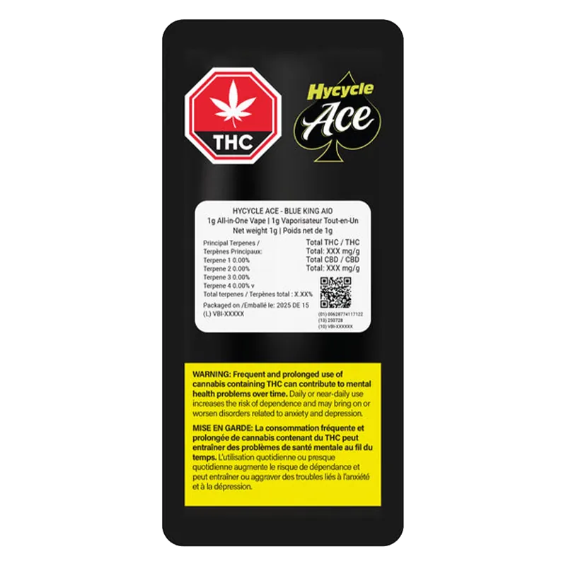Vertical back-view of the Blue King Live Resin Disposable Vape packaging showing THC and Hycycle Ace logos, a white ingredient panel, and a yellow warning box.