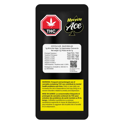 Vertical back-view of the Blue King Live Resin Disposable Vape packaging showing THC and Hycycle Ace logos, a white ingredient panel, and a yellow warning box.