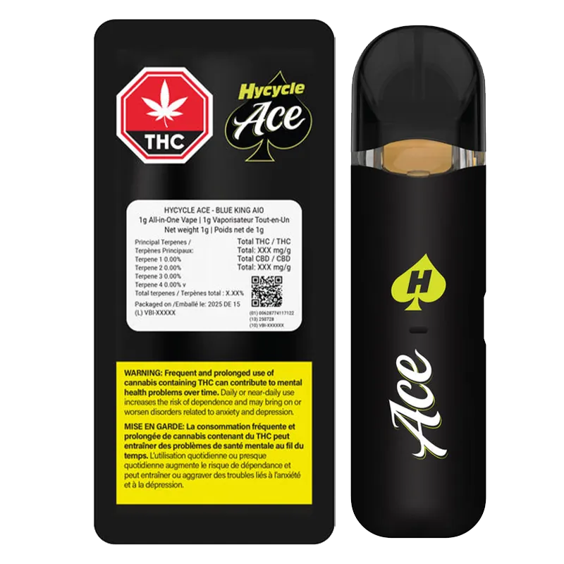 Front-facing product shot of the Blue King Live Resin Disposable Vape and its black branded packaging, both shown upright on a white background.
