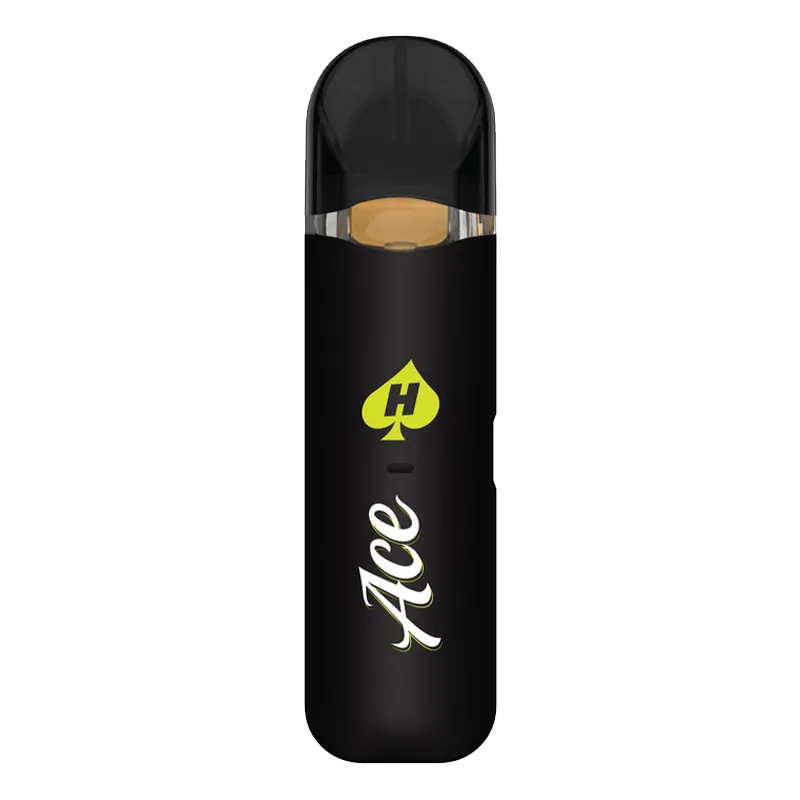 Straight-on product shot of a black Blue King Live Resin Disposable Vape with a translucent mouthpiece and lime-green Ace logo centered on the body.